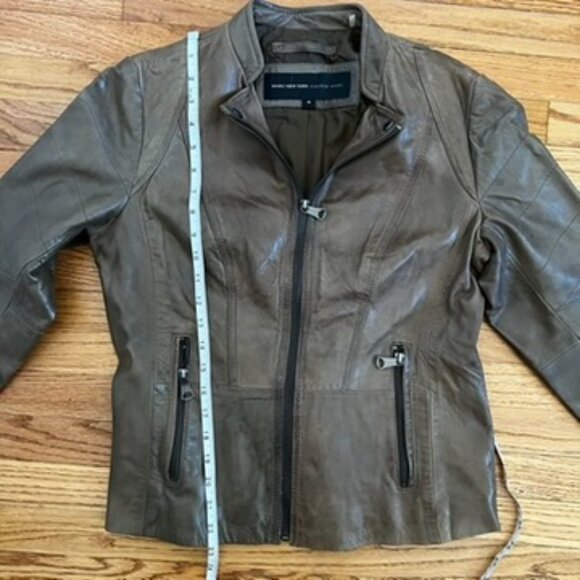 Marc New York Olive Leather Moto Jacket Zip Banded Collar Medium - Picture 13 of 16